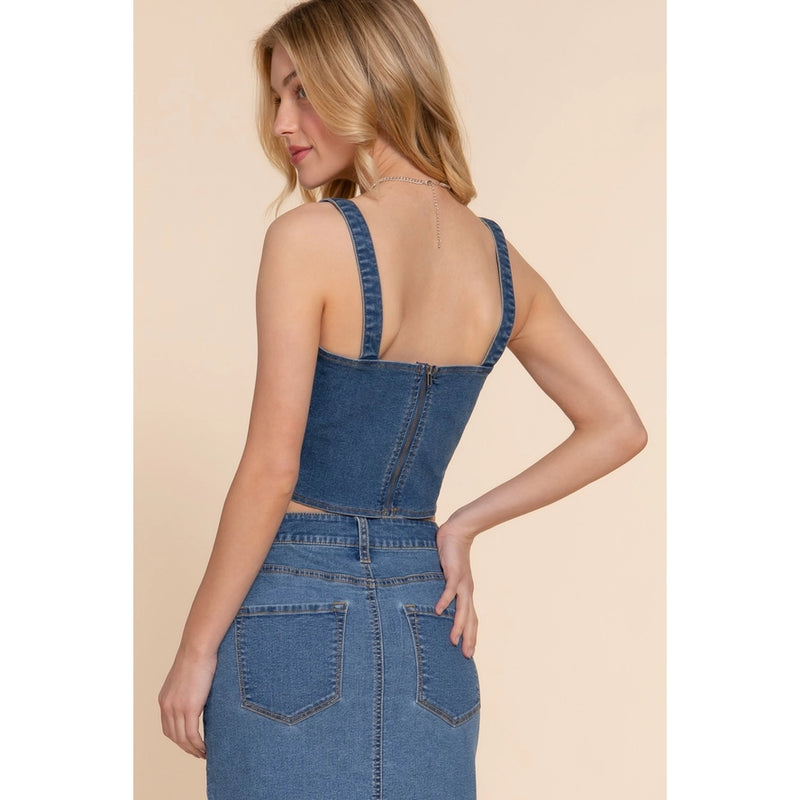 Front Lined Corset Stitch Stretch Denim Top